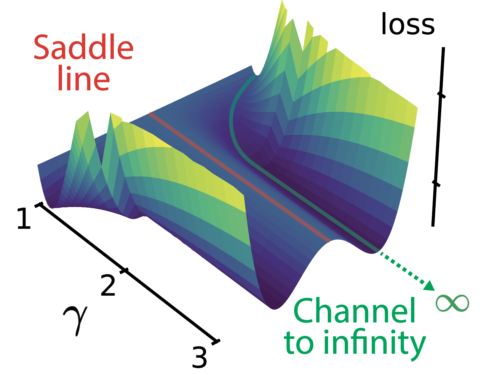 Loss landscape of an MLP, a saddle line developing along $$\gamma$$ and a channel to infinity nearby